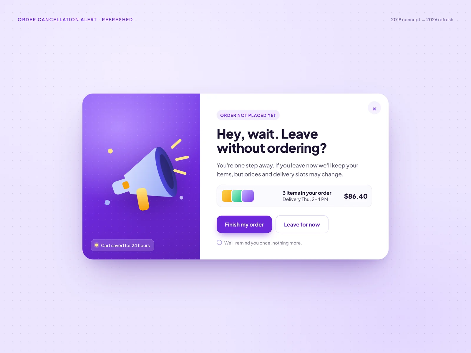 Order cancellation alert, refreshed in 2026: a white modal with a purple megaphone panel, order summary and a clear primary action